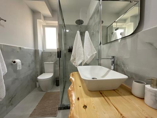 a bathroom with a sink and a toilet and a mirror at Spring apartment in Permet in Përmet