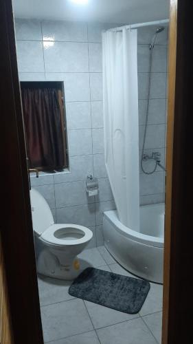 a bathroom with a toilet and a shower with a shower curtain at Drinska Ljepotica in Bijeljina