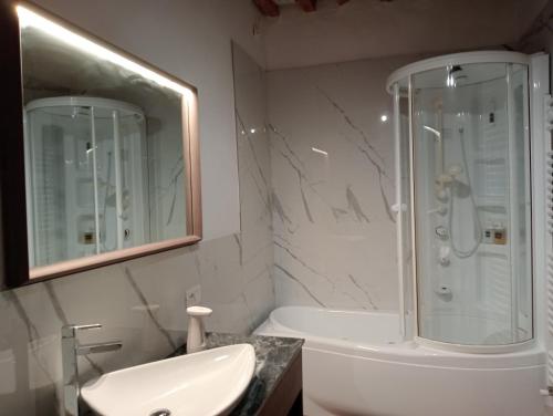 a white bathroom with a sink and a shower at B&B A Casa Mia in Pisa
