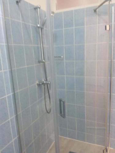 y baño con ducha de azulejos azules. en Kiwi Nest en Lumbarda