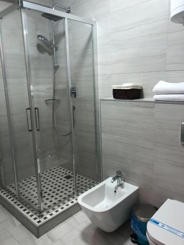 a bathroom with a shower with a sink and a toilet at Дбайлива Ципа in Mizhhirʼʼya