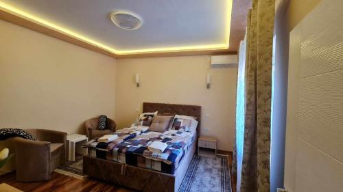 een slaapkamer met een bed en een bank in een kamer bij Bel Apartman in Subotica