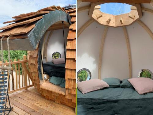 two pictures of a igloo bed in a room at La Ville Es Renais - ferme et maison d'hôtes insolite in Erquy