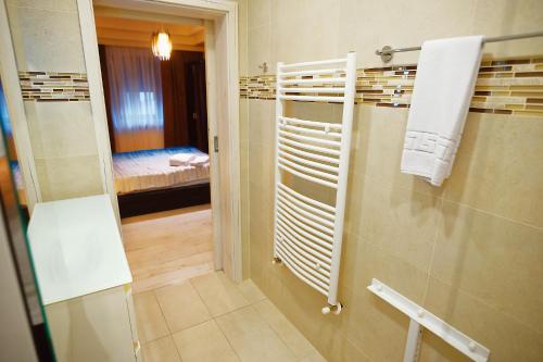 a bathroom with a shower and a room with a bed at Magio Apartments in Turda