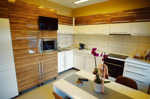 a kitchen with white appliances and wooden cabinets at Magio Apartments in Turda