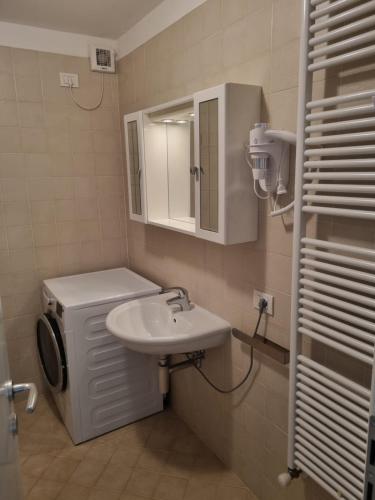 a bathroom with a sink and a washing machine at La Casa di Paolo, Pieve di Cadore centro in Pieve di Cadore