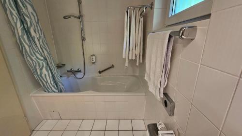 a white bathroom with a tub and a shower at Landhaus Wald und See Nr. 35 in Biersdorf