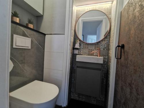 a bathroom with a toilet and a mirror at HR Haus unter den Linden in Coesfeld