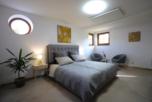 a bedroom with a bed and two chairs and a plant at Apartmány FELSENBURG Staré Splavy in Doksy