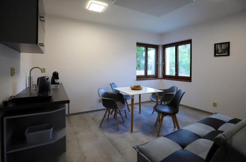 a kitchen and dining room with a table and chairs at Apartmány FELSENBURG Staré Splavy in Doksy