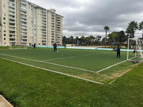 um grupo de pessoas jogando futebol em um campo de futebol em RESETEATE EN FAMILIA ALGARROBO em Algarrobo