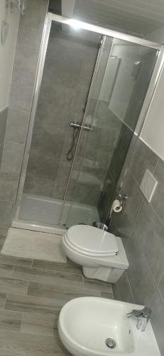 a bathroom with a shower and a toilet and a sink at B&B Badde Tale in Ossi