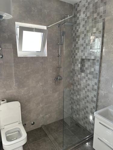 een badkamer met een douche, een toilet en een raam bij Niki Apartments in Ulcinj