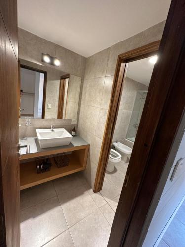 a bathroom with a sink and a toilet at Amplio departamento de diseño en el centro de SMA. 6C in San Martín de los Andes