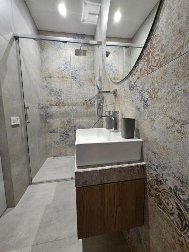 a bathroom with a sink and a shower at Apartament Sejmowa in Cieszyn