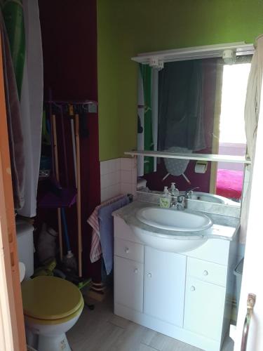 une salle de bain avec un lavabo blanc et un miroir dans l'établissement Bel appartement-terrasse Ronce-les-Bains, à La Tremblade
