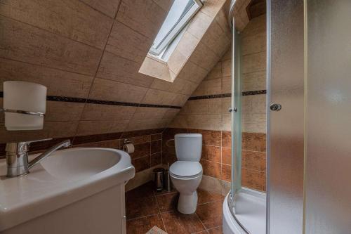 uma casa de banho com um WC, um lavatório e um chuveiro em Vila Panorama em Ždiar