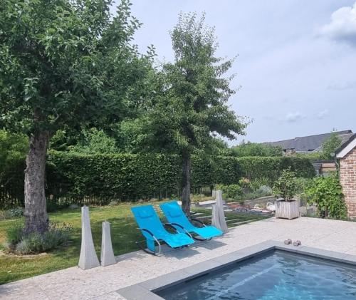 due sedie blu sedute accanto alla piscina di Maison typique privée - Sart Lez Spa - PINE COTTAGE- charme piscine a Sart