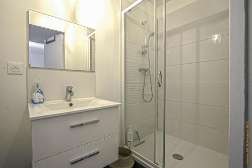 une salle de bain avec une douche, un lavabo et un miroir dans l'établissement CosyRouen bouquet parking gratuit, à Rouen