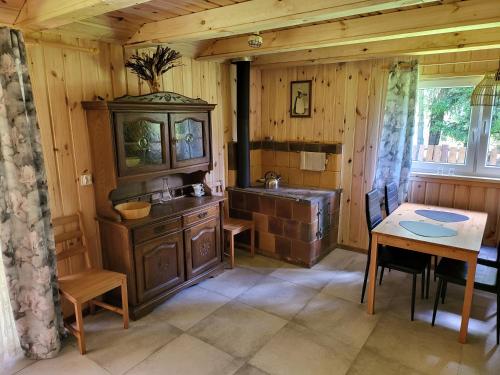 cocina con fregadero y mesa en una habitación en Borowe Chatki nad Lubiszewem, en Lipusz