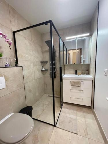 une salle de bain avec une douche avec des toilettes et un lavabo dans l'établissement Agréable maison de ville, à Saujon