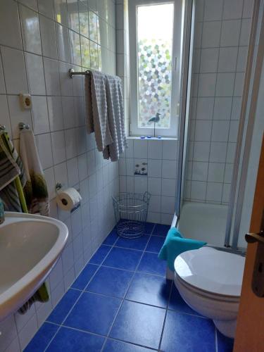 baño con lavabo y aseo y ventana en Ferienwohnung Huber,Mönchgut, en Middelhagen