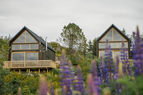 a house in the middle of a field with purple flowers at Skårungen - Hotel, Cabins and Camping in Kabelvåg
