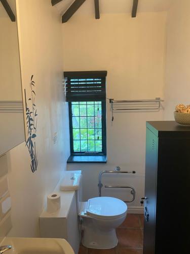 a white bathroom with a toilet and a window at The Garth Guest Suite Studio Cottage in Lingfield