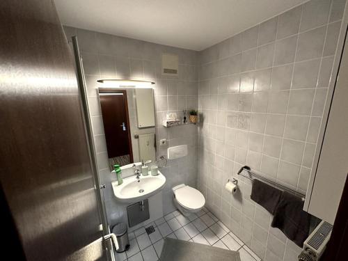 a bathroom with a sink and a toilet at Backnanger Terrassenstüble in Backnang
