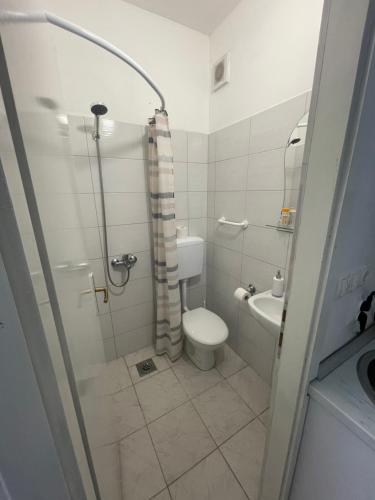 a bathroom with a toilet and a shower and a sink at Apartments Glitter in Mostar