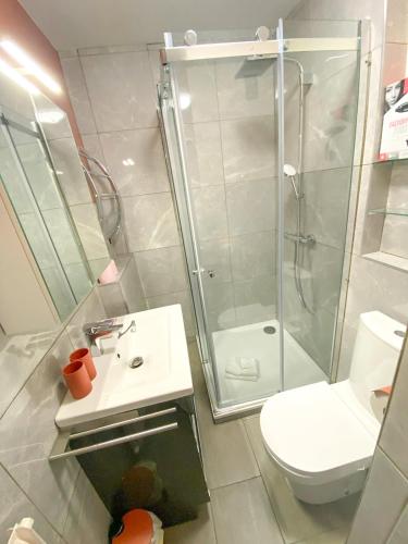 une salle de bain avec une douche, un lavabo et des toilettes dans l'établissement Rose Garden YourHostHelper, à Cagnes-sur-Mer