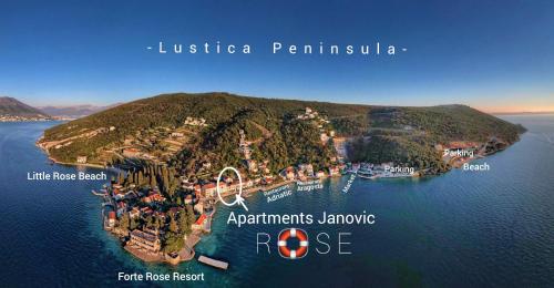 a map of an island in the water at Rose - Apartmani Janovic in Lustica