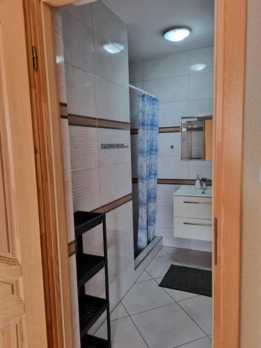 a bathroom with a sink and a ladder in it at Apartament in Mrzeżyno