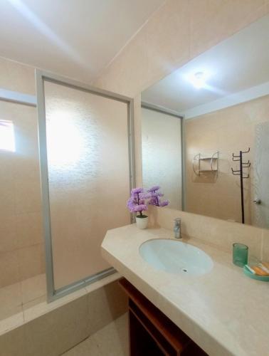 a bathroom with a sink and a large mirror at Deluxe Hotel Talara in Talara