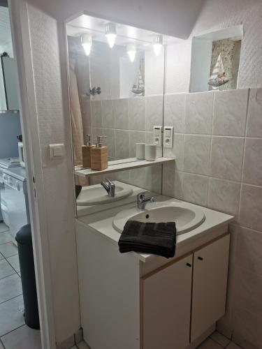 a bathroom with a sink and a mirror at L'enclos bleu, gîte - marais poitevin avec piscine chauffée in Chaillé-les-Marais