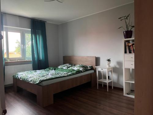 a bedroom with a bed and a window at Apartament Zielony Raj in Wałbrzych