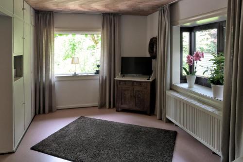 a living room with a television and a window at kleines Haus in Ganderkesee