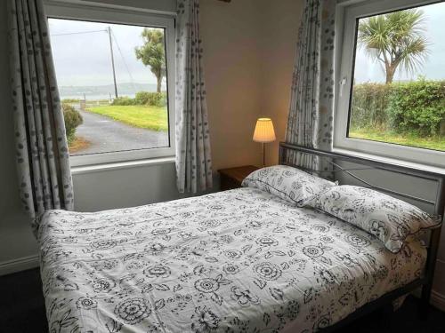 ein Schlafzimmer mit einem Bett und zwei Fenstern in der Unterkunft Harbour View Cottage, Rochespoint, Cork Harbour in Midleton