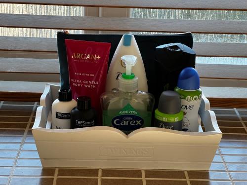 a basket filled with bottles of detergent and condiments at Flavian House in Chichester