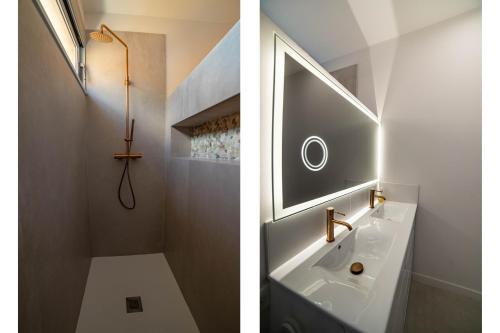two pictures of a bathroom with a sink and a shower at CASA LC chambre3 vue mer SPA de NAGE in Ajaccio