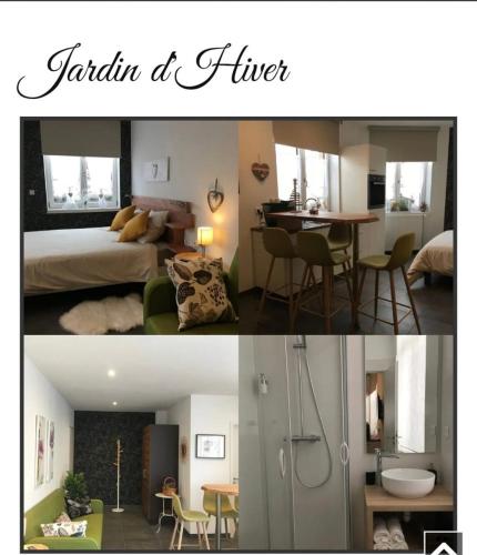 two pictures of a bedroom and a living room at Gîtes De La Bonne Etoile in Geispolsheim