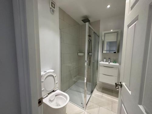 a white bathroom with a shower and a toilet at Modern 1 Bedroom Studio Flat in Northfleet