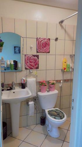 bagno con servizi igienici e lavandino con rose sul muro di شقة في Sidi Bouzid عطلة في مصيف رائع a Sidi Bouzid