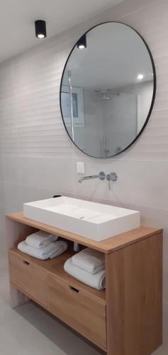 a bathroom with a sink and a mirror at Au coucher du lac in Publier