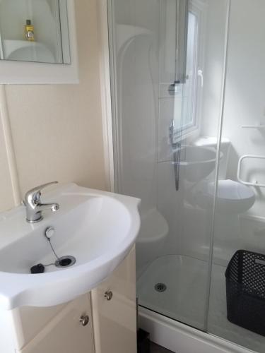 une salle de bain avec un lavabo et une douche dans l'établissement MH 445 le bois dormant, à Saint-Jean-de-Monts