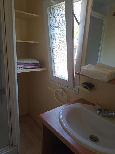une salle de bain avec un lavabo et une fenêtre dans l'établissement Mobil home, à Villefranche-de-Conflent