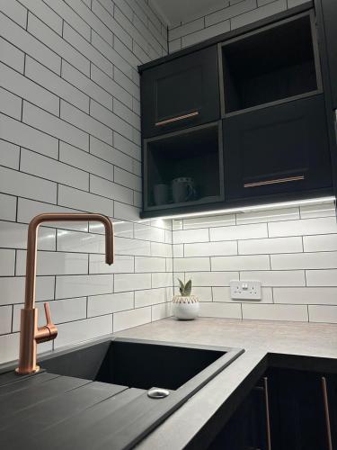 a kitchen with a sink and a faucet at Glasgow West End Tenement Apartment in Glasgow