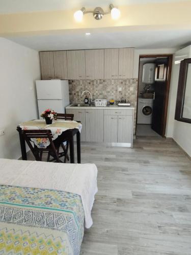 a kitchen with a dining table and a kitchen with a table at Elisavet Room Portiano in Pedhinón