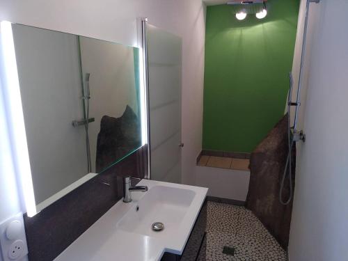baño con lavabo y pared verde en Stephane, en Pointe-Noire