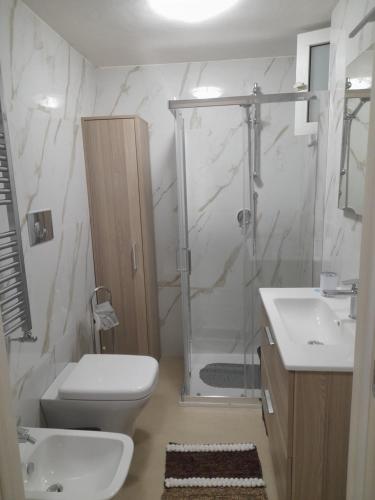 een badkamer met een douche, een toilet en een wastafel bij Casa del sole in Barletta